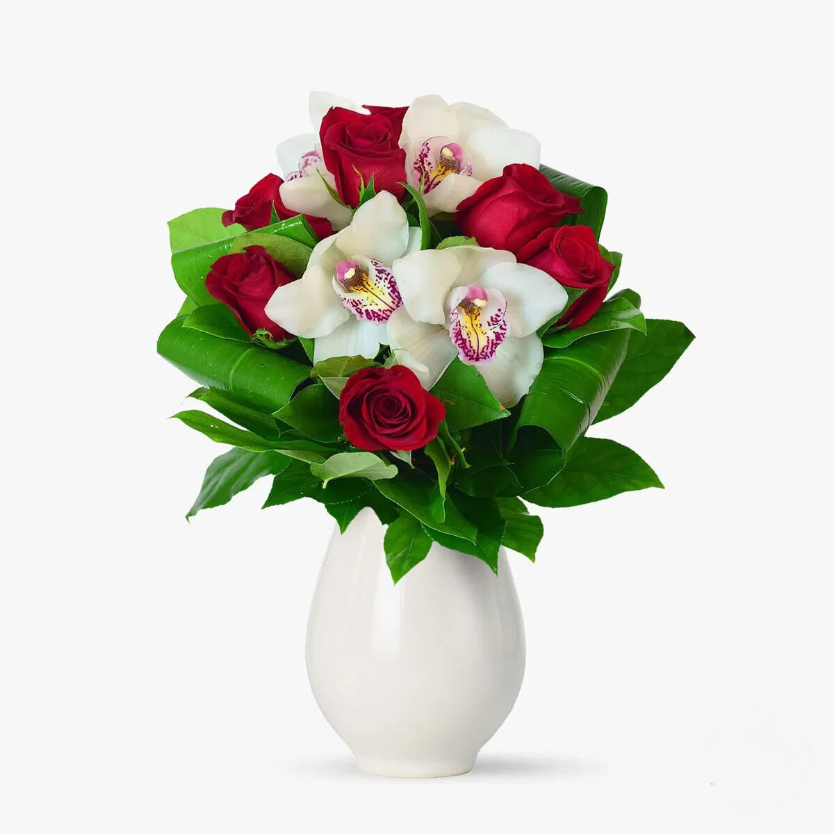 Buchet cu orhidee cymbidium alb si trandafiri rosii pentru sotie